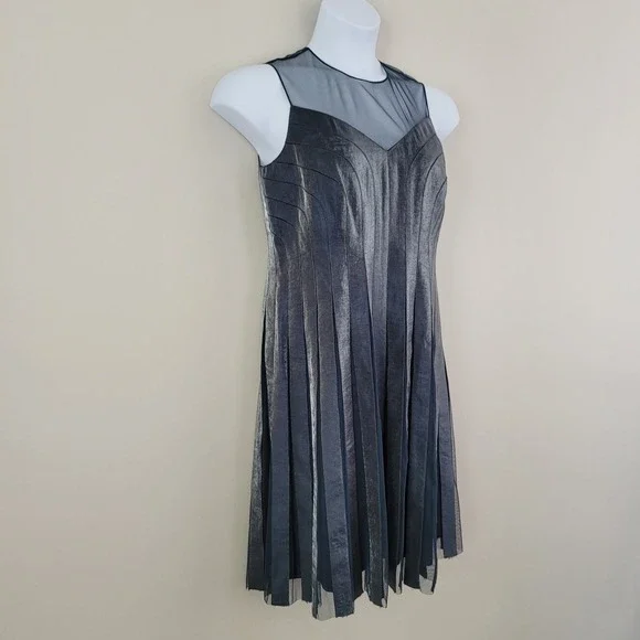 ADRIANNA PAPELL Size 12P Blue Gray Metallic Pleated Formal Party Cocktail Dress - Picture 9 of 9